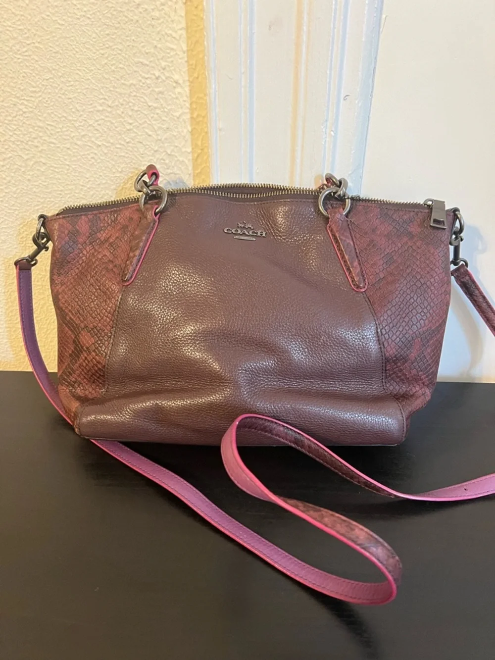 Coach Pebbled Leather Shoulder Bag in Wine with Pink Trim